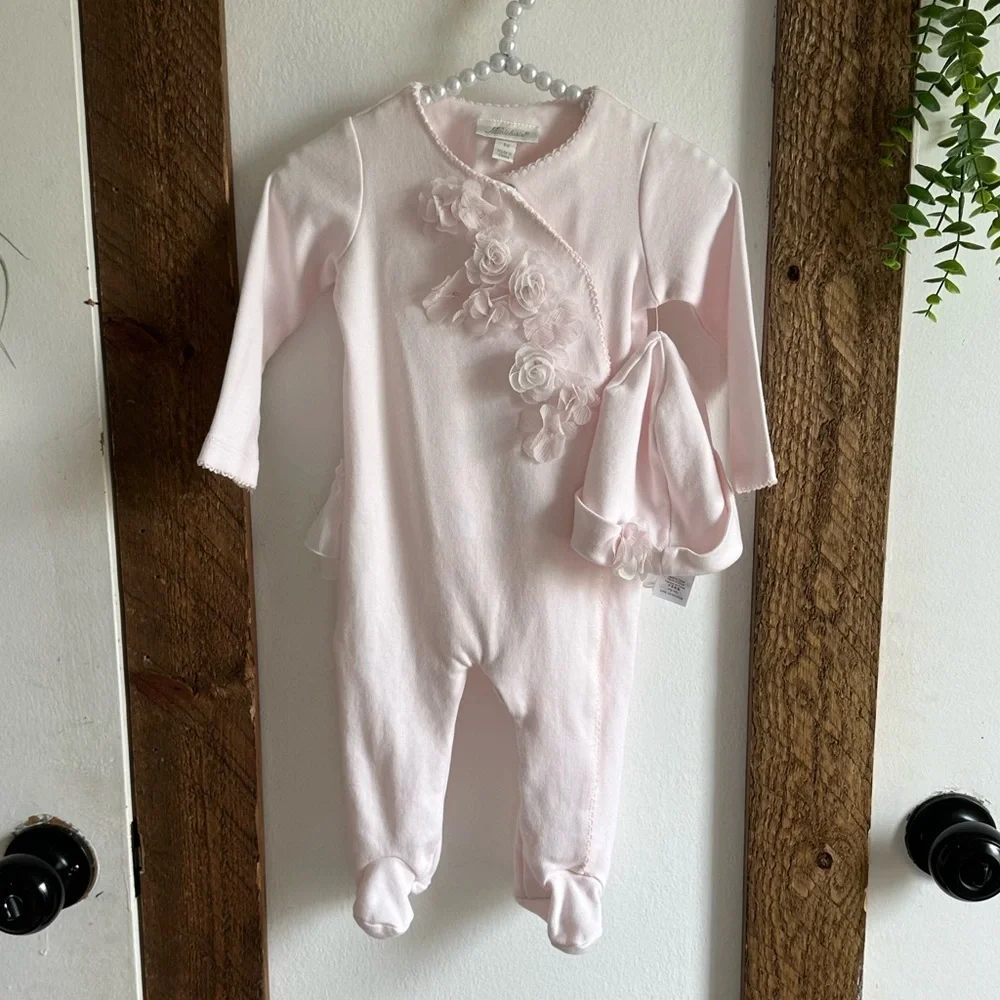 New Miniclasix Baby Girl Elegant Footed Coverall & Hat Set Tulle Floral Ruffles